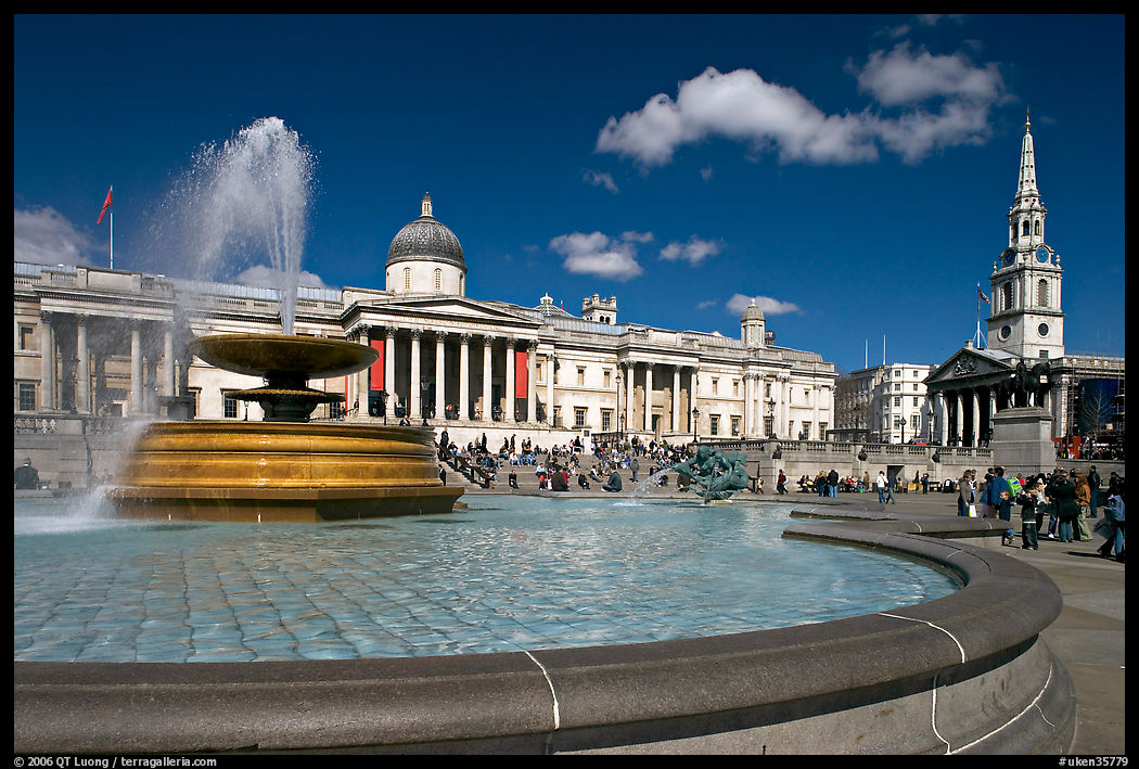Fountain, National Gallery, and  St Martin's-in-the-Fields church, Trafalgar Square. London, England, United Kingdom