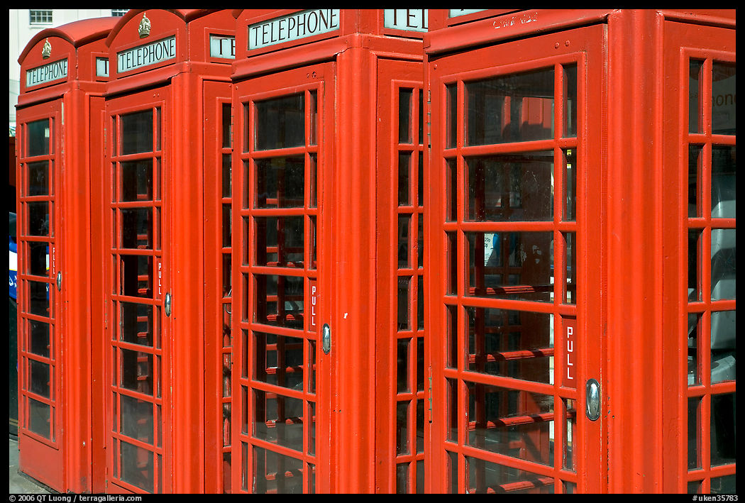 Row of Red phone booths. London, England, United Kingdom
