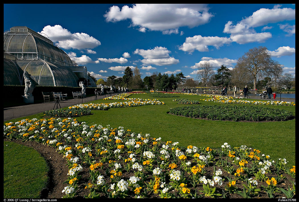 Flower bed and Palm House, afternoon. Kew Royal Botanical Gardens,  London, England, United Kingdom