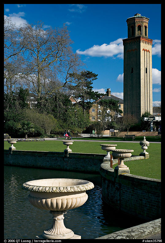Vasques, lake and campanile. Kew Royal Botanical Gardens,  London, England, United Kingdom