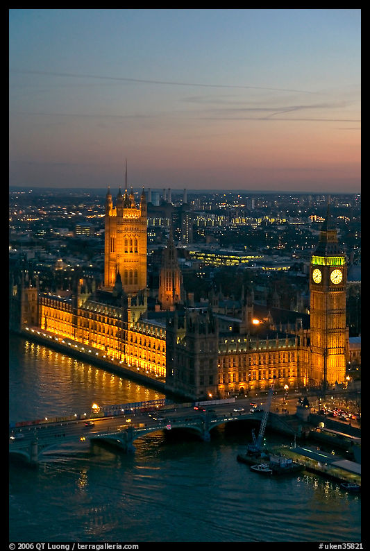Aerial view of Westminster Palace from the London Eye at sunset. London, England, United Kingdom