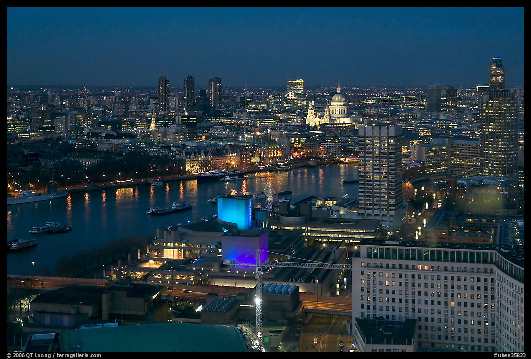 Aerial view of central London at dusk with Saint Paul and Thames River. London, England, United Kingdom