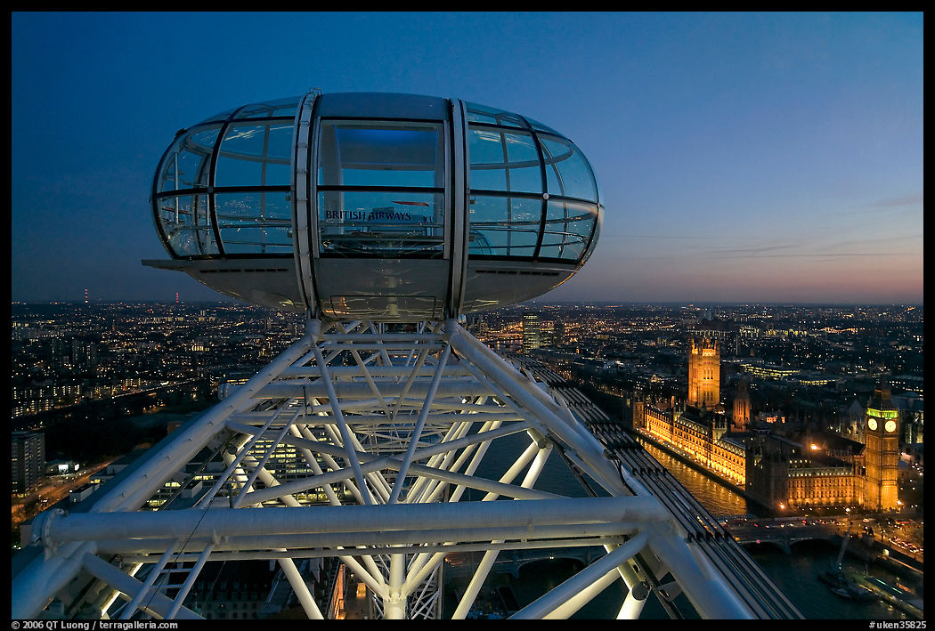 Millenium Wheel capsule and Houses of Parliament at dusk. London, England, United Kingdom