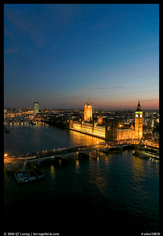 Aerial view of Thames River and Houses of Parliament at dusk. London, England, United Kingdom