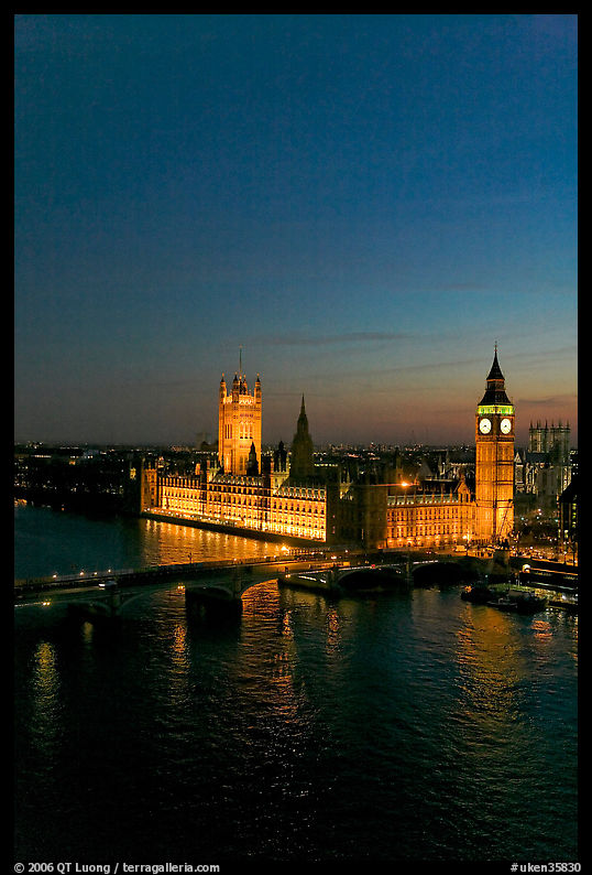 Thames River and Houses of Parliament at night seen from the London Eye. London, England, United Kingdom
