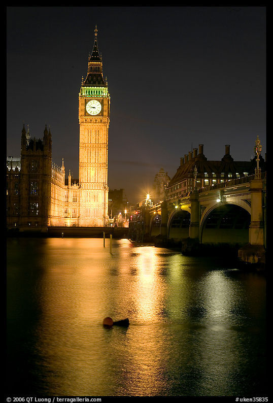 Big Ben reflected in Thames River at night. London, England, United Kingdom