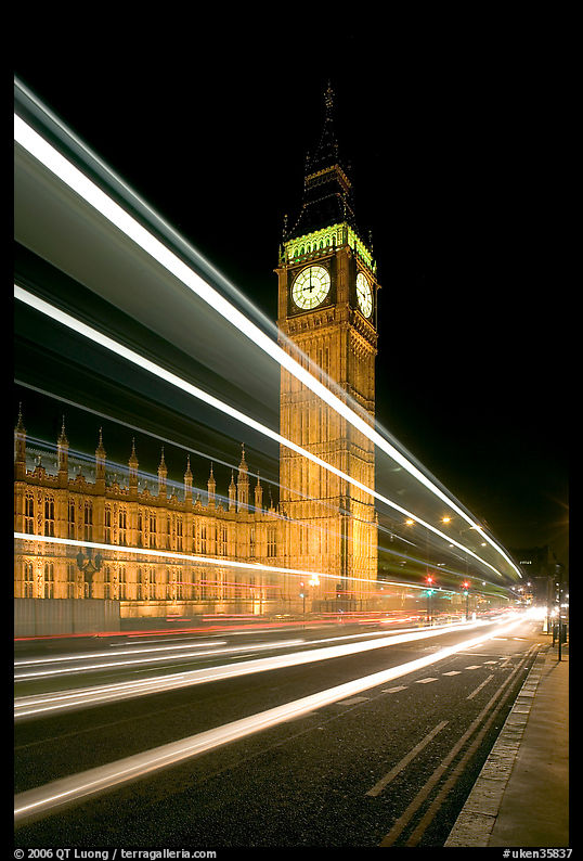 Lights from a moving bus, Houses of Parliament, and Big Ben at night. London, England, United Kingdom