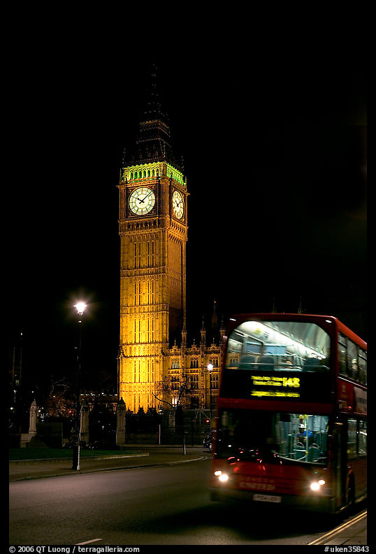Double-decker bus and Big Ben at night. London, England, United Kingdom