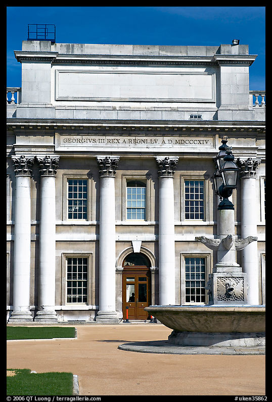 Classical facade in Old Royal Naval College. Greenwich, London, England, United Kingdom