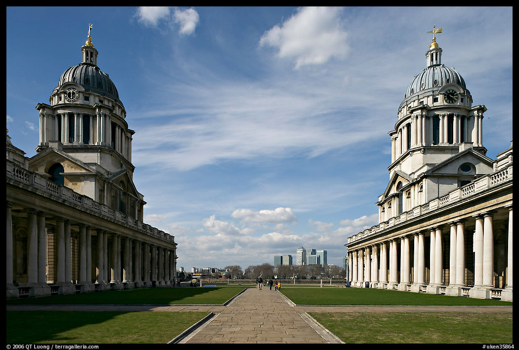 Symetrical domes of the Old Royal Naval College, designed by Christopher Wren. Greenwich, London, England, United Kingdom