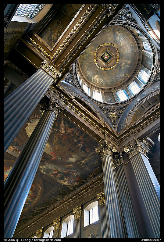 Columns and entrance of Painted Hall of Greenwich Hospital. Greenwich, London, England, United Kingdom