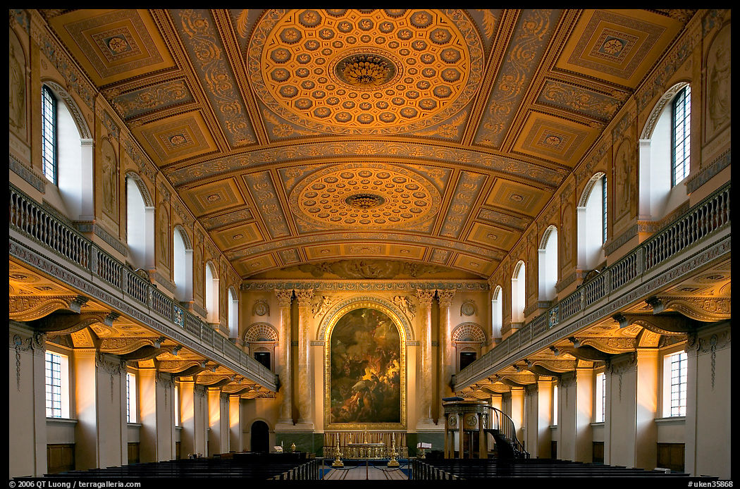 Chapel interior with richly decorated ceiling, Greenwich University. Greenwich, London, England, United Kingdom