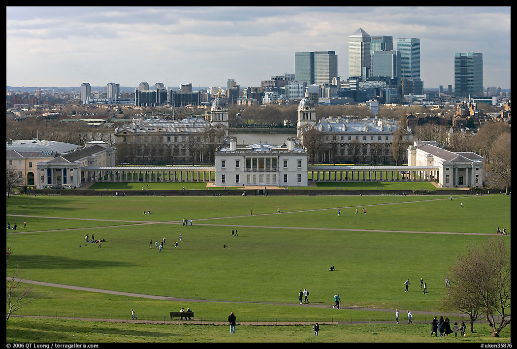 Greenwich Park lawn, Royal Maritime Museum, Greenwich Hospital, and Docklands. Greenwich, London, England, United Kingdom