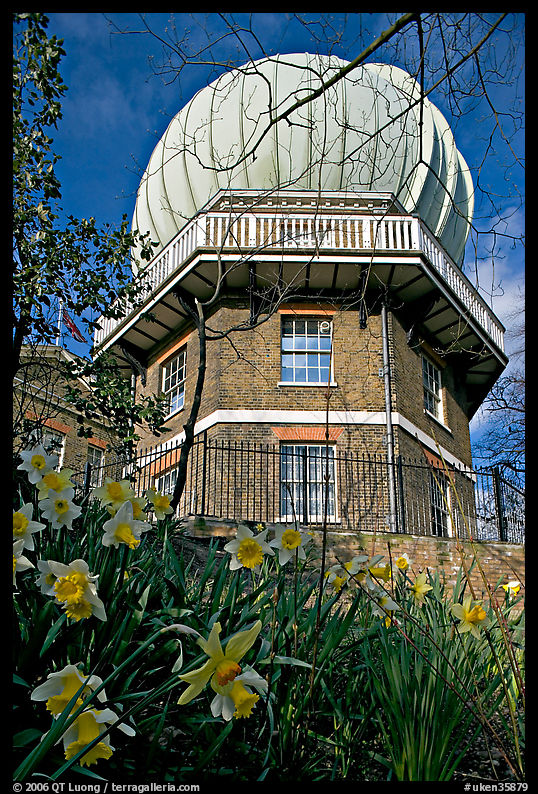 Royal Greenwich Observatory and daffodils. Greenwich, London, England, United Kingdom