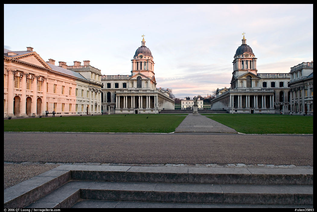 Grand Square, Old Royal Naval College, sunset. Greenwich, London, England, United Kingdom