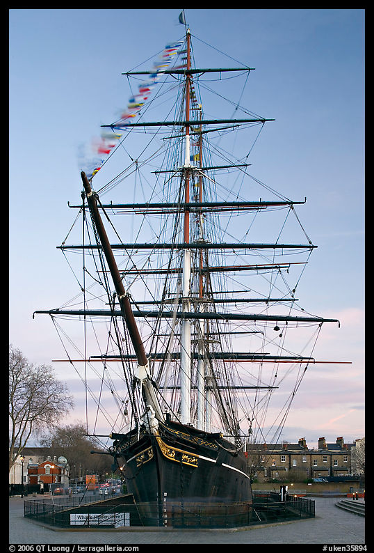 Cutty Sark with wind blowing upon flags. Greenwich, London, England, United Kingdom