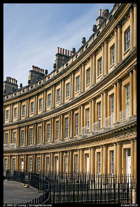 Indentical curved facades with three orders of architecture on each floor, the Royal Circus. Bath, Somerset, England, United Kingdom