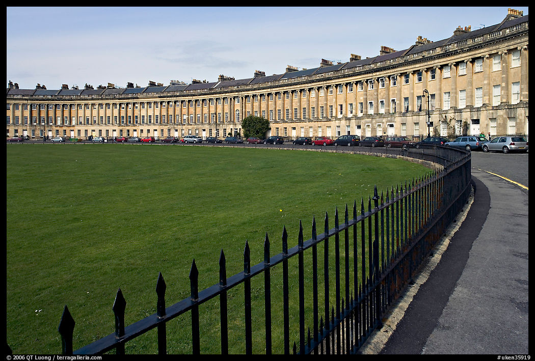 Fence, lawn, and Royal Crescent. Bath, Somerset, England, United Kingdom