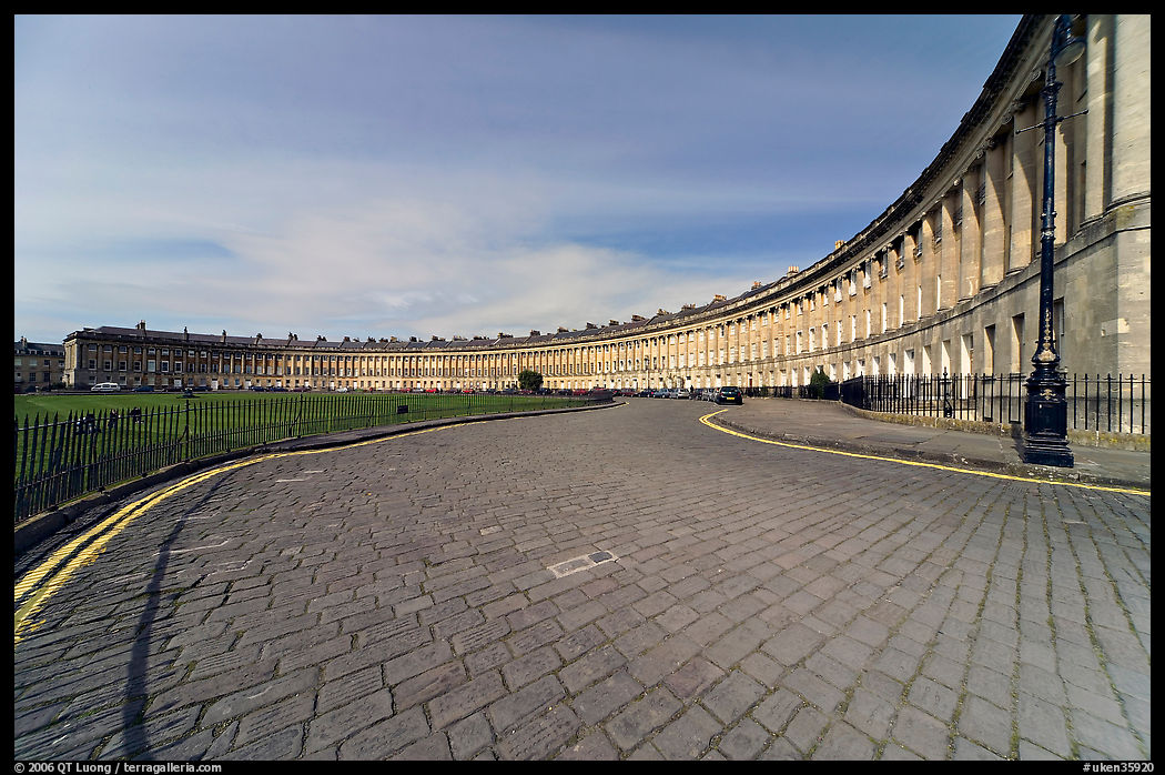 Cobblestone pavement and curved facade of Royal Crescent. Bath, Somerset, England, United Kingdom