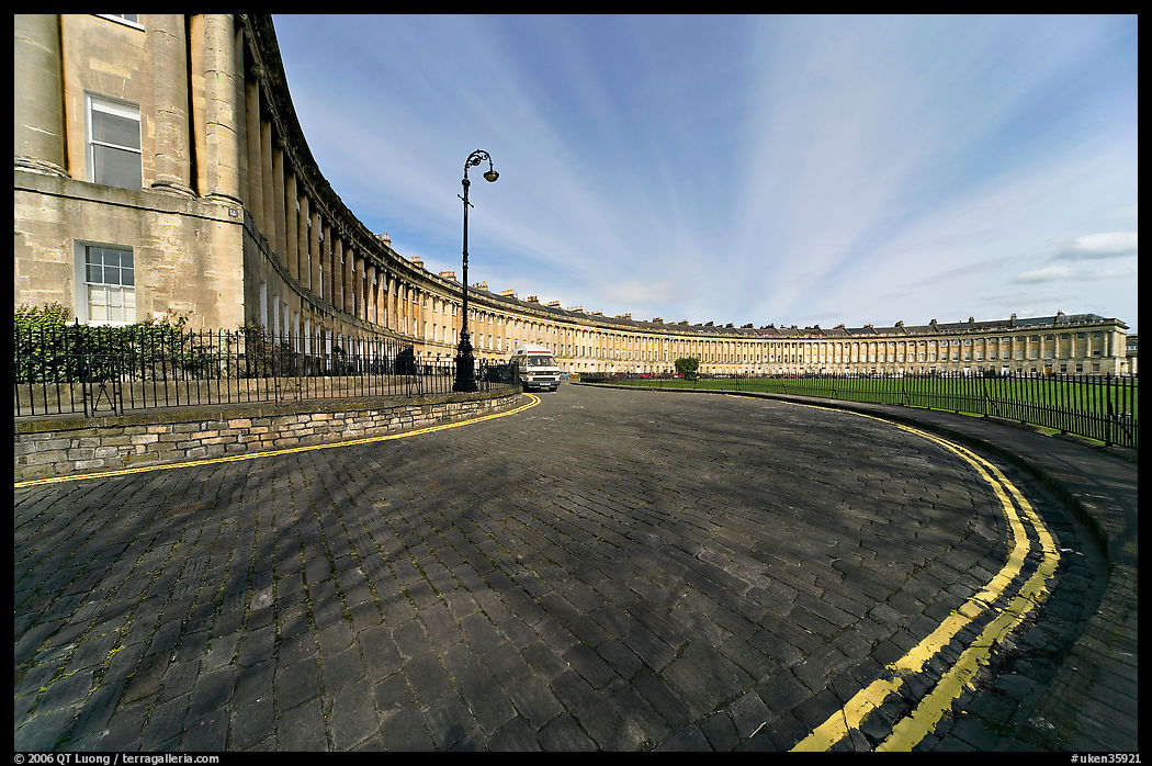 Wide view showing the whole Royal Crescent terrace. Bath, Somerset, England, United Kingdom