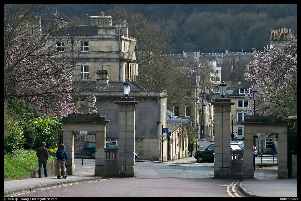 Gate at the entrance of Royal Victoria gardens, and street. Bath, Somerset, England, United Kingdom