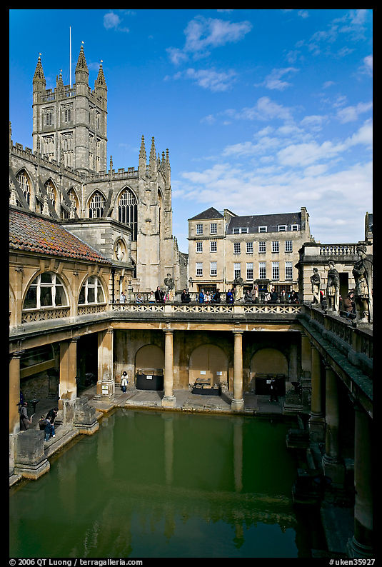 Great Bath Roman building, with Abbey in background. Bath, Somerset, England, United Kingdom