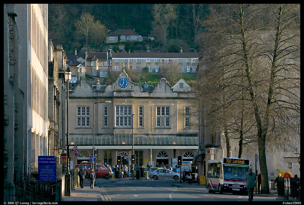 Street and train station, late afternoon. Bath, Somerset, England, United Kingdom