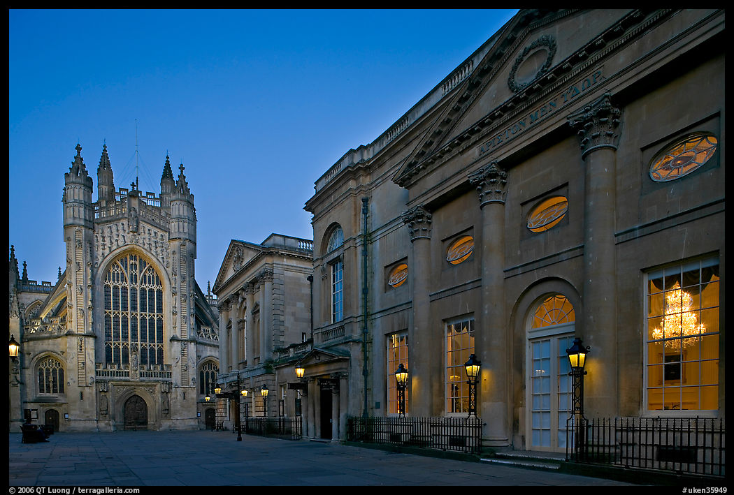 Pump Room, Roman Bath, and Abbey, dusk. Bath, Somerset, England, United Kingdom
