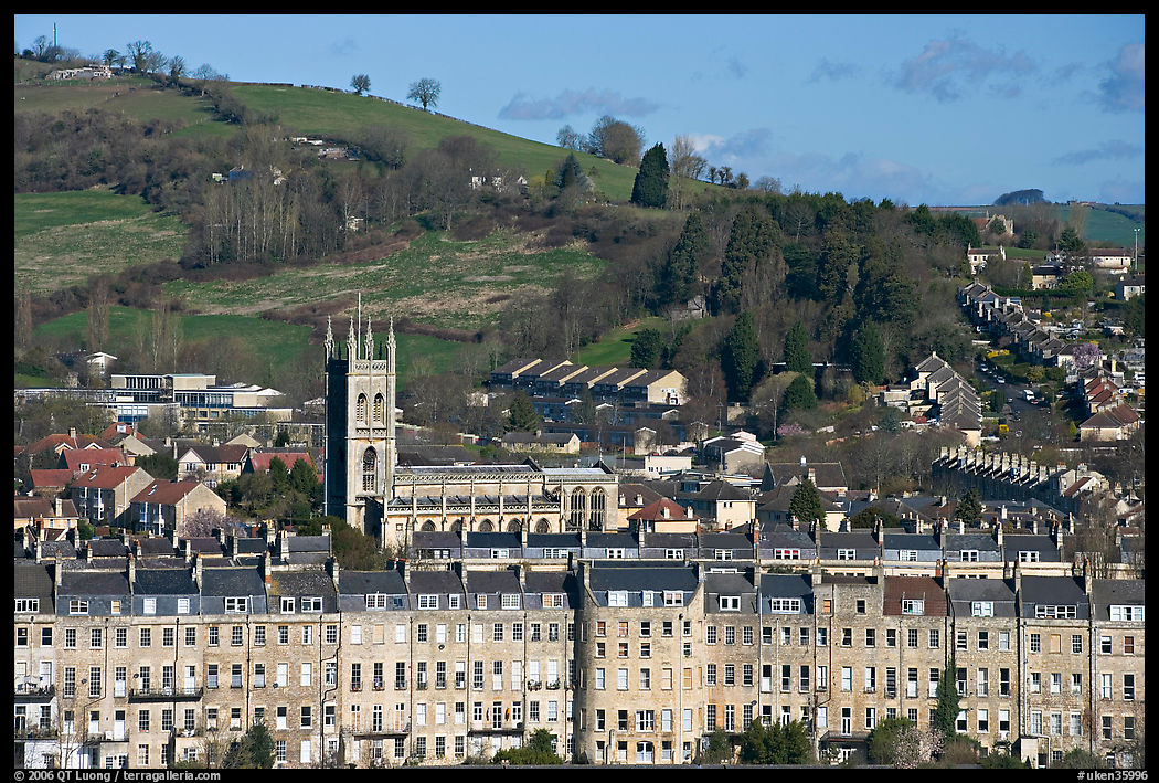 Townhouses, church and hill. Bath, Somerset, England, United Kingdom