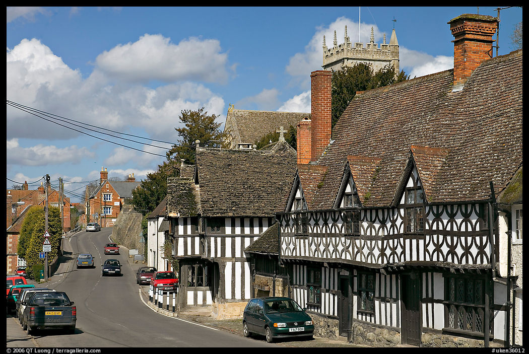 Village main street lined with half-timbered houses. Wiltshire, England, United Kingdom