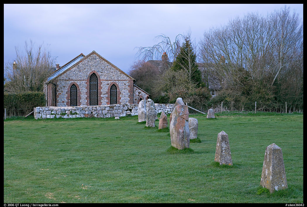 Small standing stones and chapel, Avebury, Wiltshire. England, United Kingdom