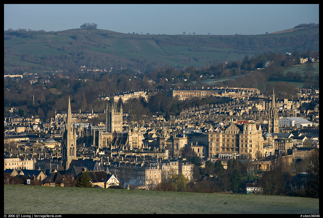 City center and hills from above, early morning. Bath, Somerset, England, United Kingdom