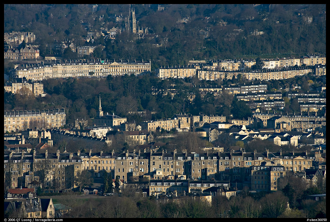 Distant view of rows of typical Georgian terraces. Bath, Somerset, England, United Kingdom