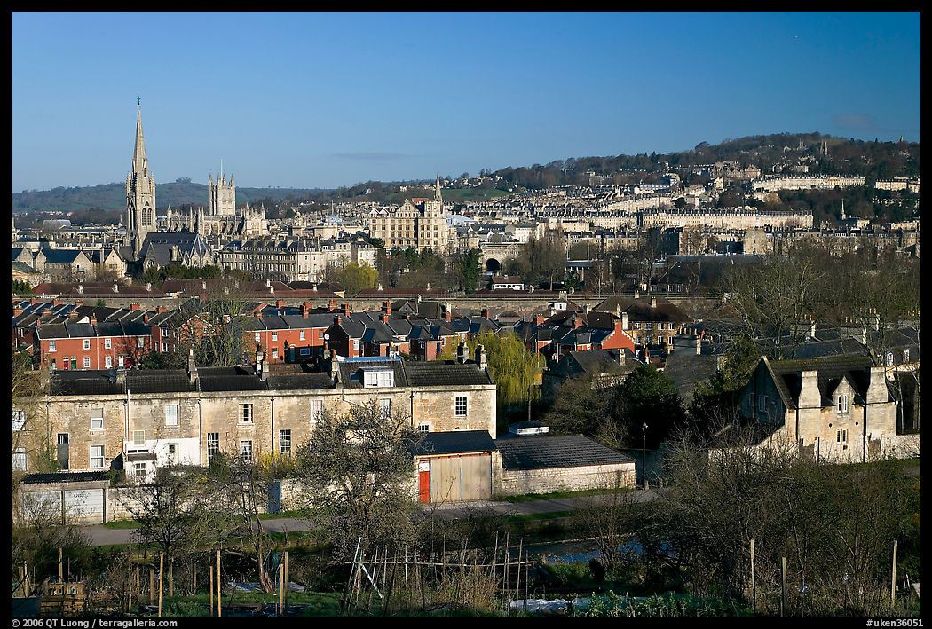 Bath skyline, seen from communal gardens. Bath, Somerset, England, United Kingdom