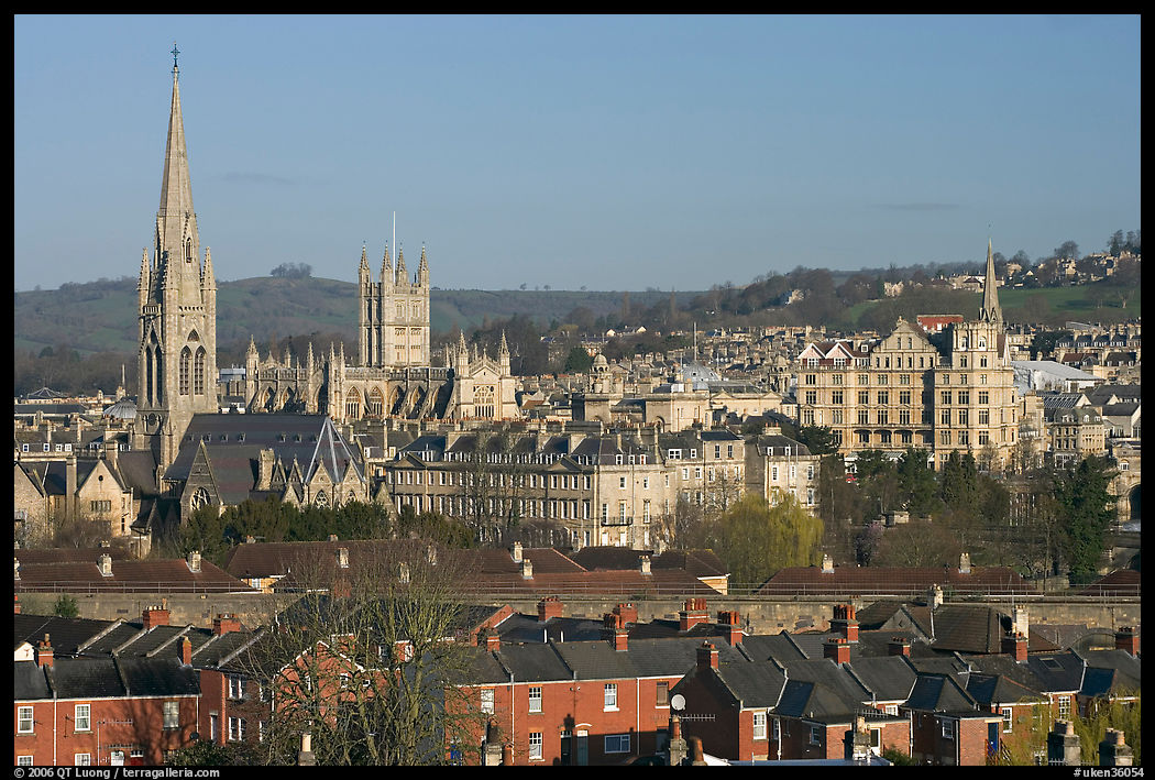 Elevated view of city center with church and abbey. Bath, Somerset, England, United Kingdom