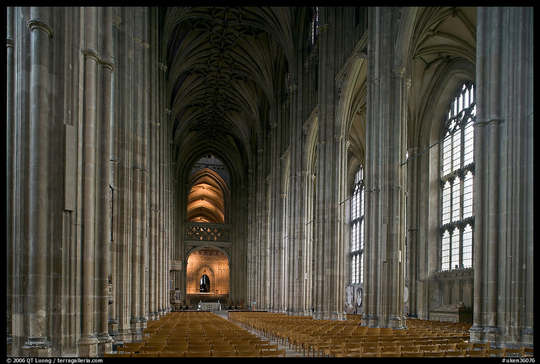 Nave, built in the Perpendicular style, Canterbury Cathedral. Canterbury,  Kent, England, United Kingdom
