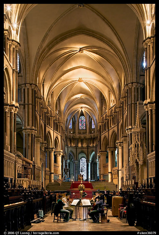 String quartet rehearsing in the quire of Canterbury Cathedral. Canterbury,  Kent, England, United Kingdom