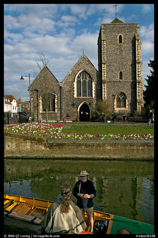Rowboat, moat, and church. Canterbury,  Kent, England, United Kingdom