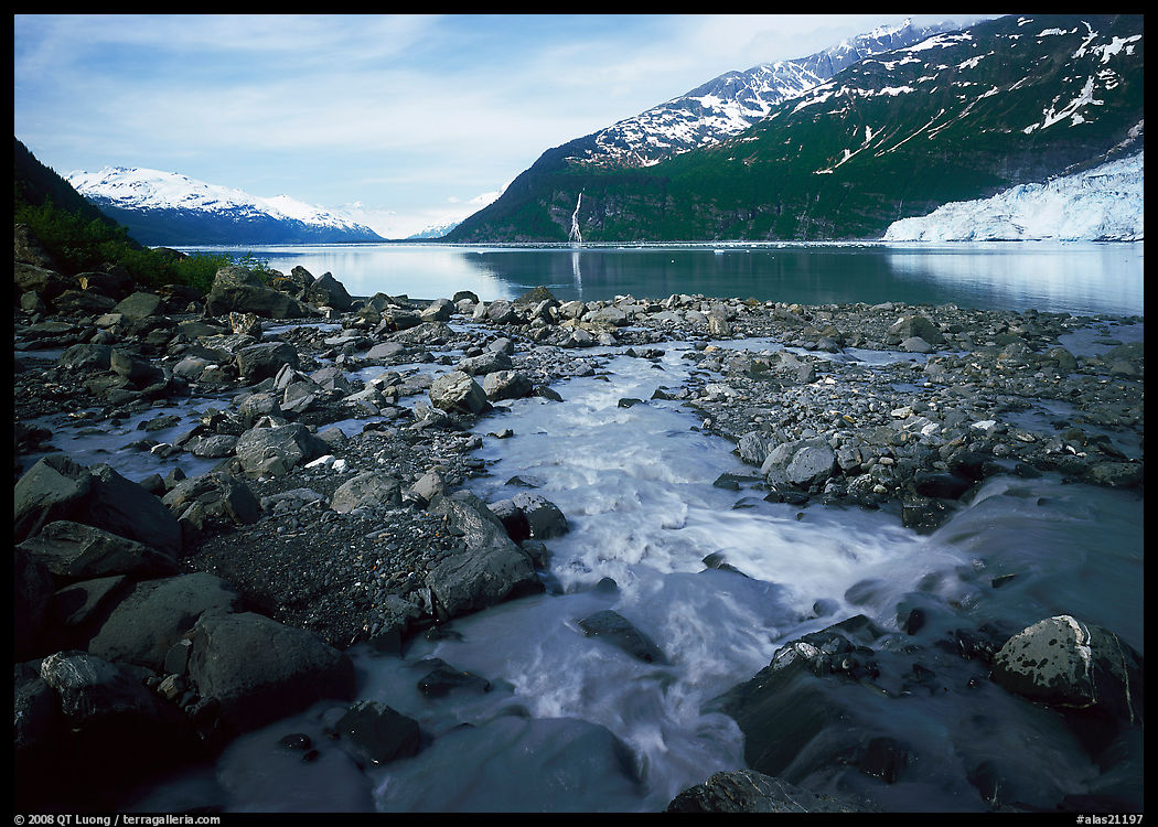 Stream, fjord, glacier, and waterfall, Barry Arm. Prince William Sound, Alaska, USA