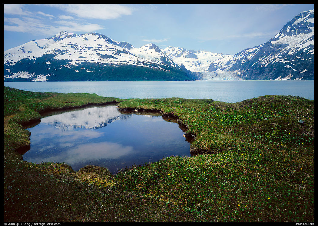 Pond, mountains, and glaciers across Harriman Fjord. Prince William Sound, Alaska, USA