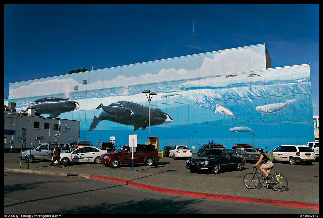 Parking lot with whale mural in background. Anchorage, Alaska, USA