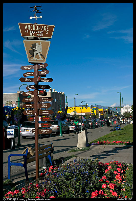 Downtown center with Air Crossroads of the World sign. Anchorage, Alaska, USA