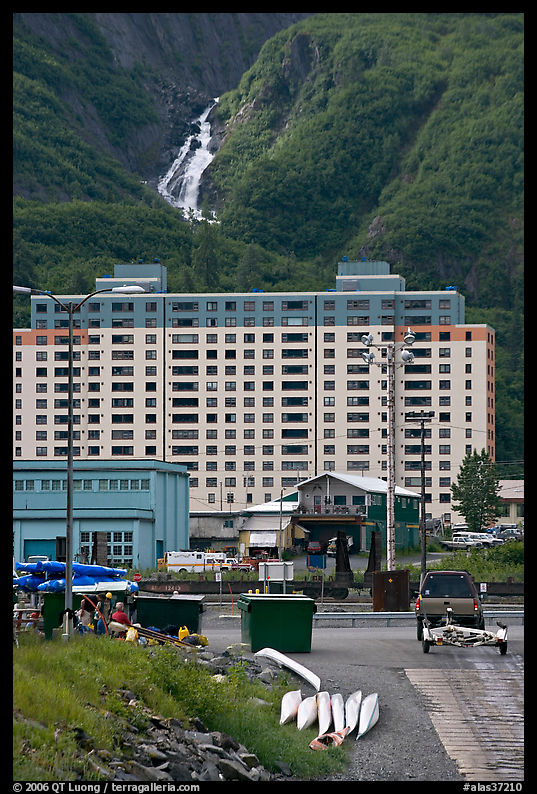 Boat ramp, Begich towers and Horsetail falls. Whittier, Alaska, USA