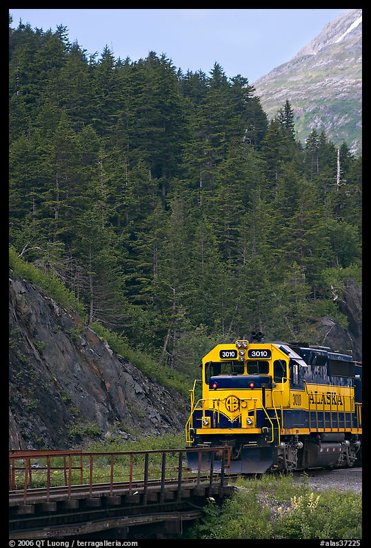 Locomotive and forest. Whittier, Alaska, USA