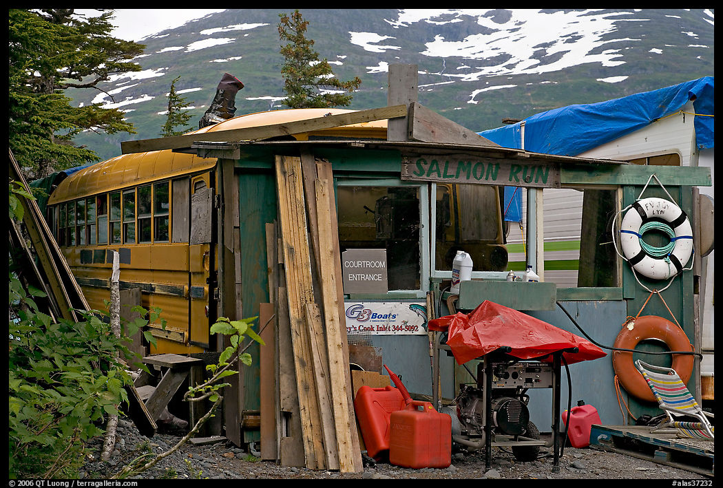 School bus reconverted for housing. Whittier, Alaska, USA