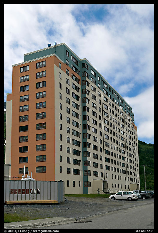 Begich towers, home to half of Whittier population. Whittier, Alaska, USA