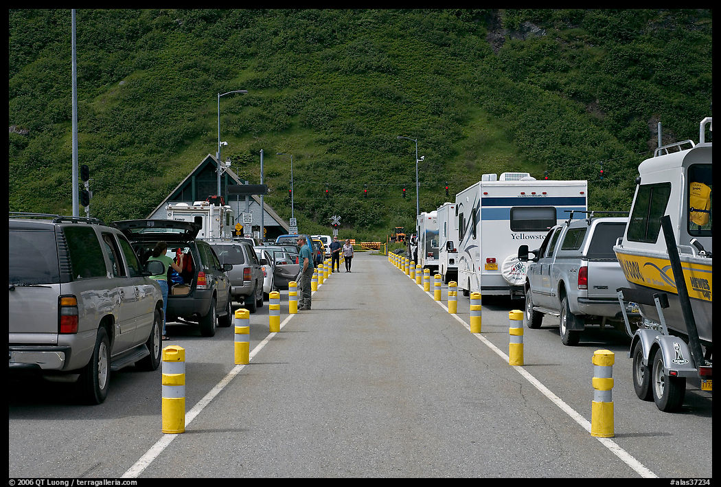 Cars and RVs lining up for the tunnel crossing. Whittier, Alaska, USA