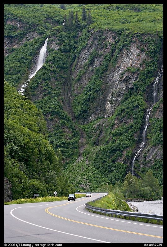 Highway and waterfalls, Keystone Canyon. Richardson Highway, Central Alaska, USA