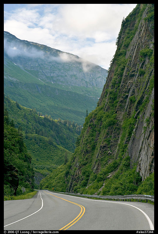Road passing between steep walls, Keystone Canyon. Richardson Highway, Central Alaska, USA