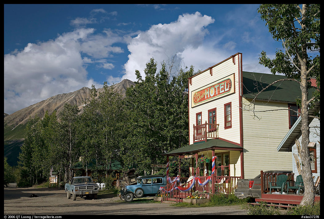 Hotel, main street, vintage car, and truck. McCarthy, USA